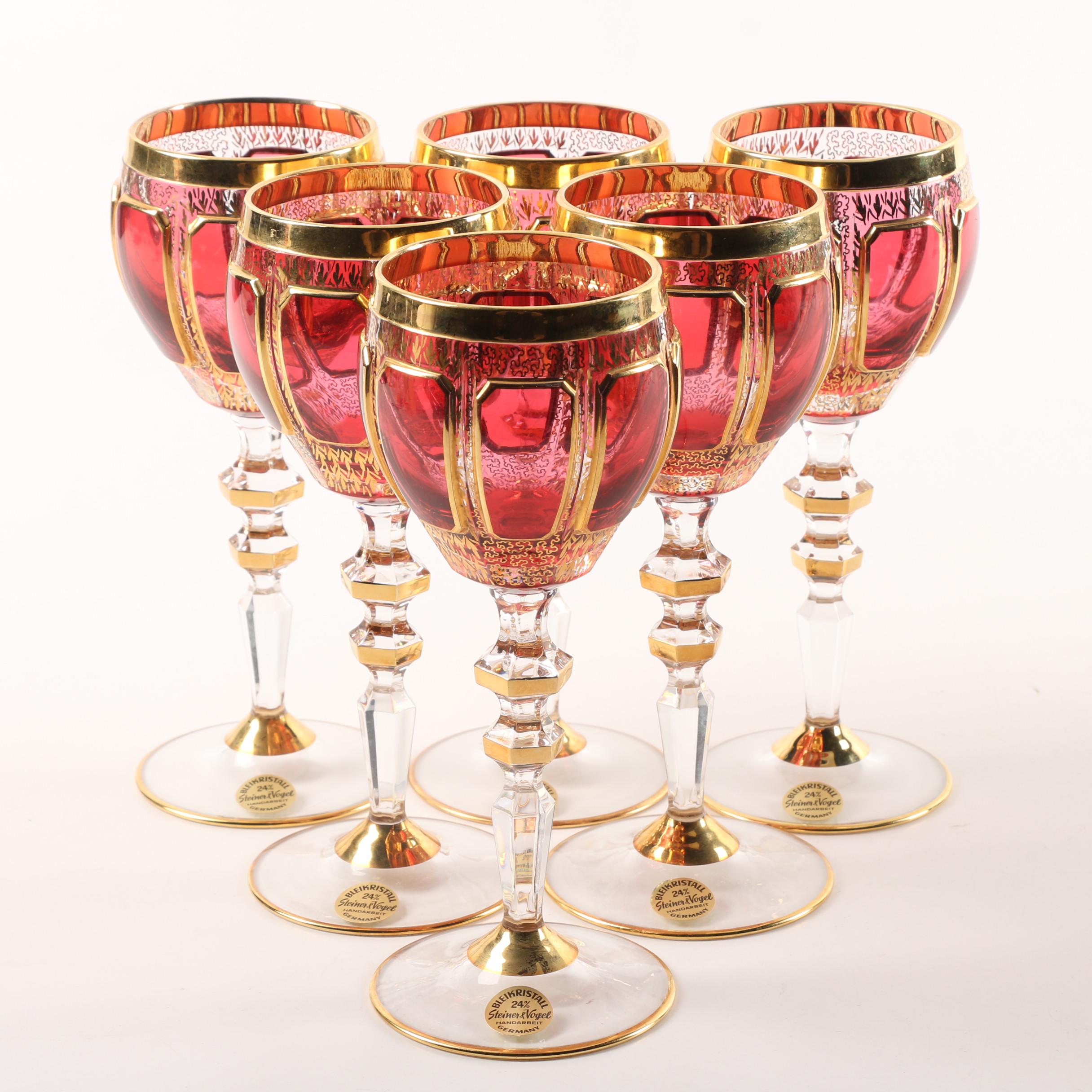 Steiner & Vogel Cranberry and Gilt Crystal Wine Goblets