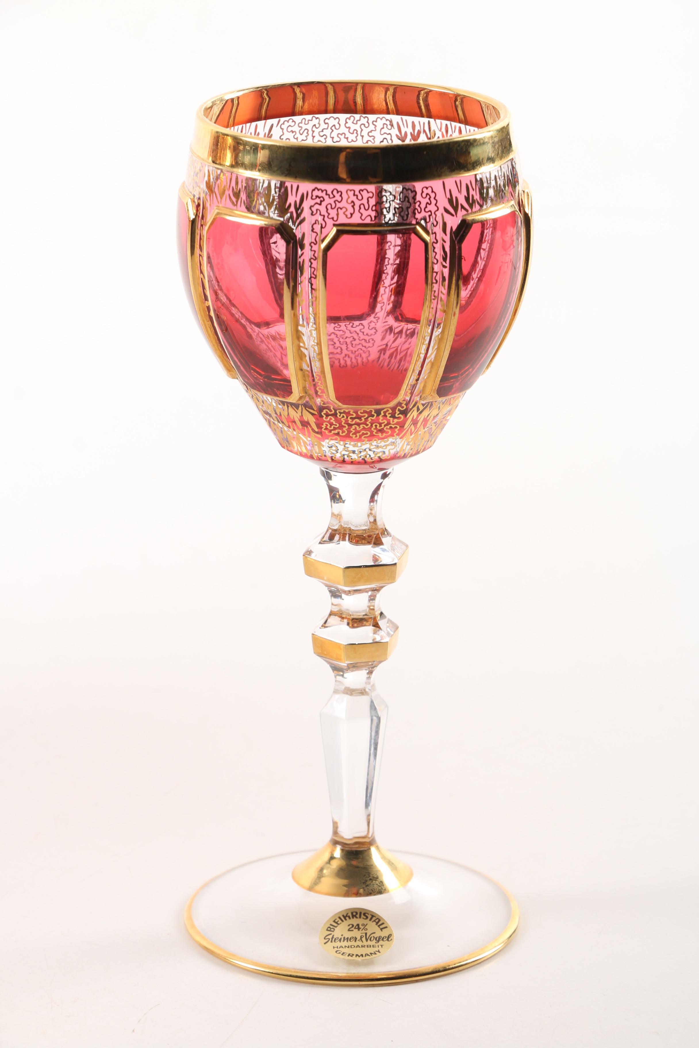Steiner & Vogel Cranberry and Gilt Crystal Wine Goblets