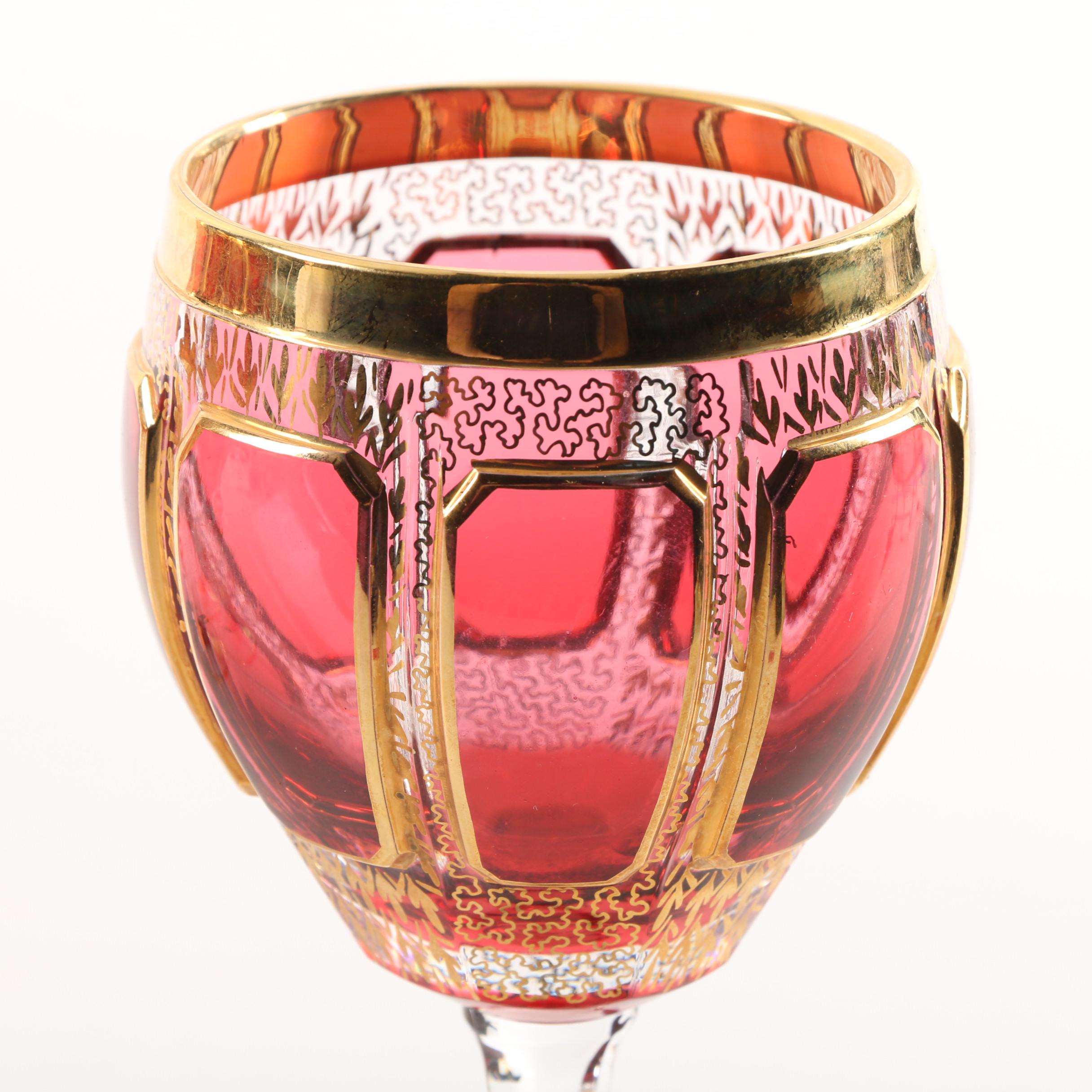 Steiner & Vogel Cranberry and Gilt Crystal Wine Goblets