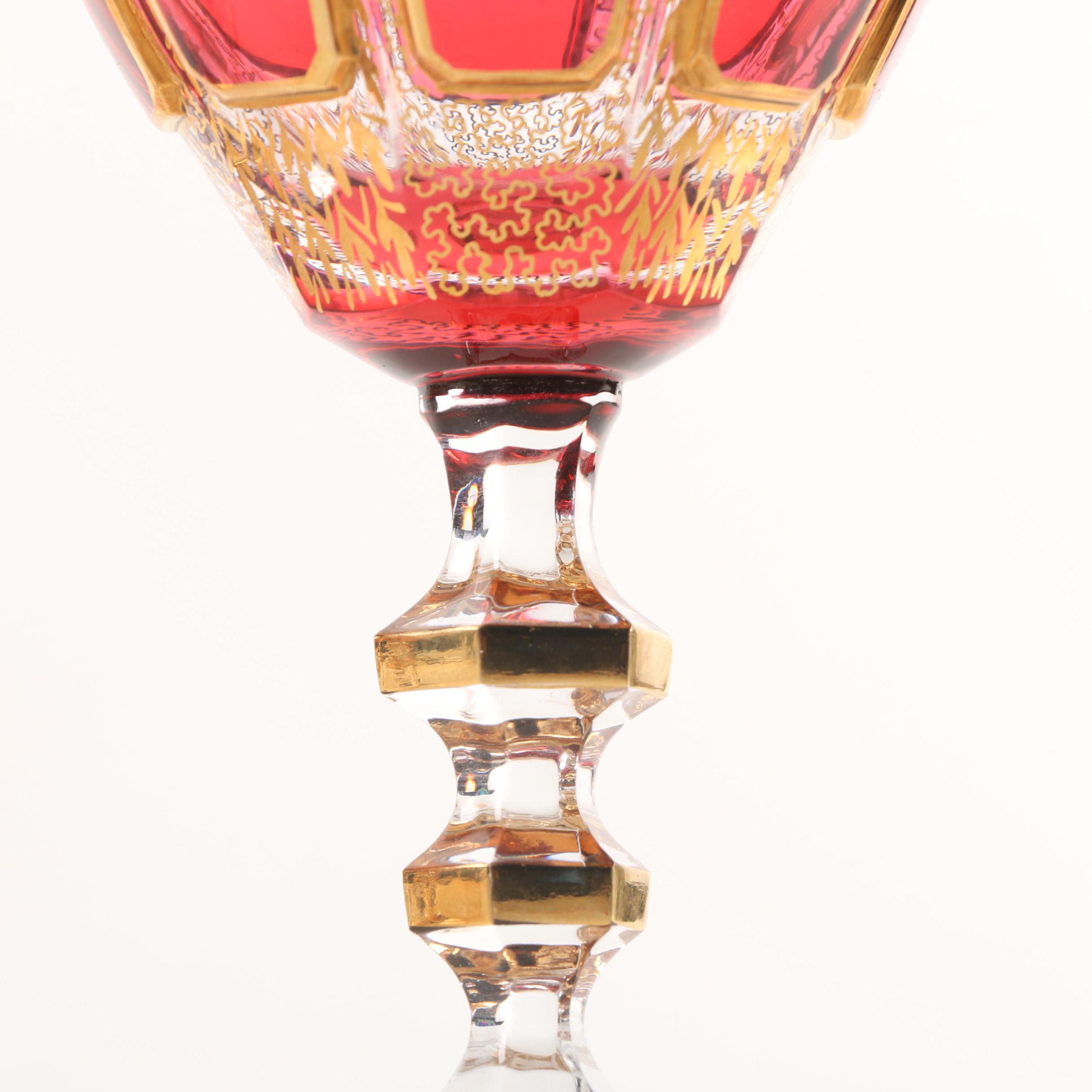 Steiner & Vogel Cranberry and Gilt Crystal Wine Goblets