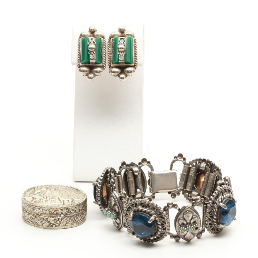 Gemstone Earrings, Pill Box and Bracelet