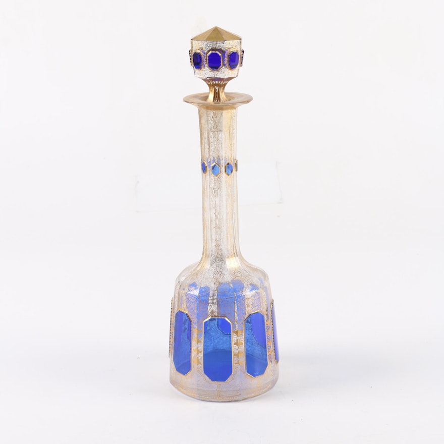 Hand-Painted Gilt Glass Decanter with Flashed Cobalt Panels