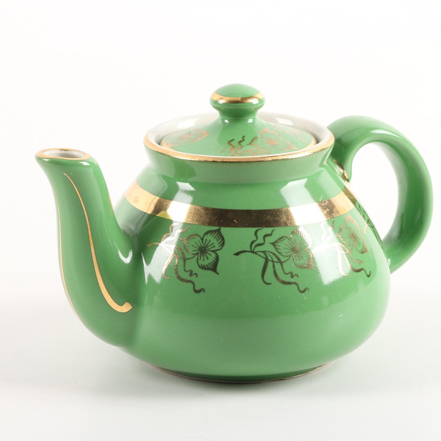 Vintage Hall Pottery Green Teapot with Gilded Flowers