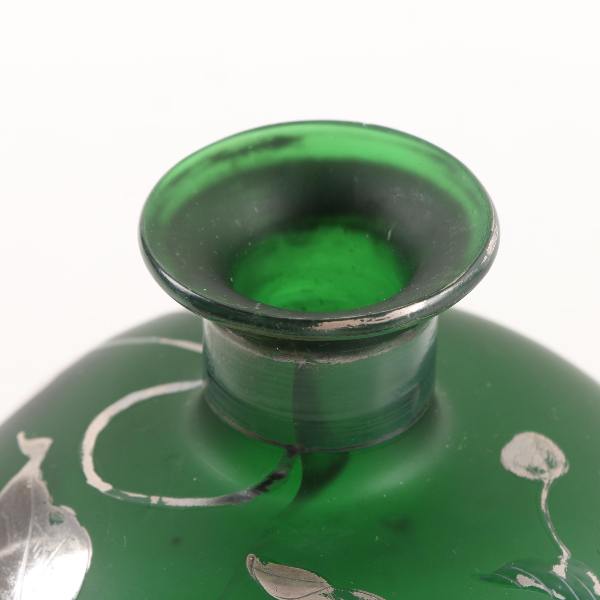 Vintage Silver Frosted Emerald Glass Dresser Bottle