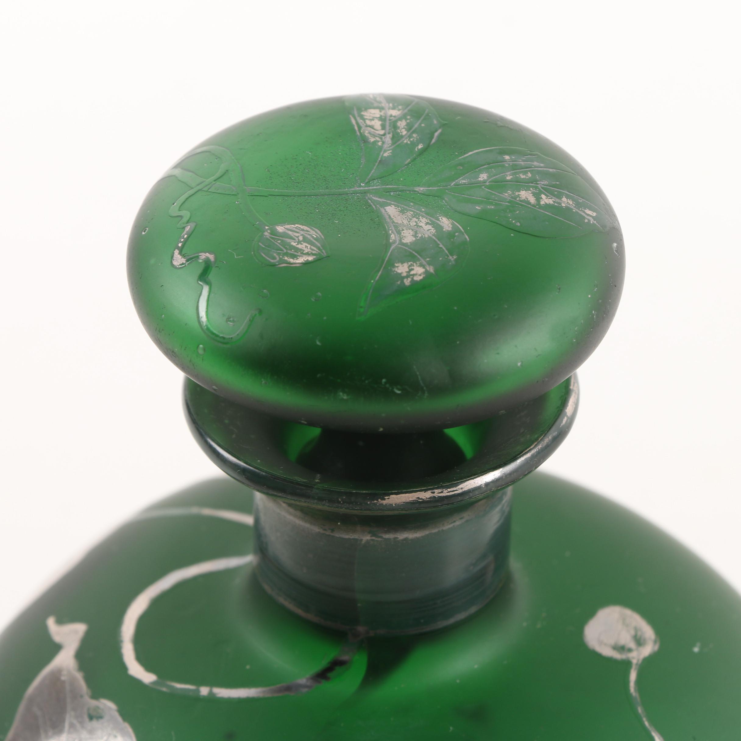 Vintage Silver Frosted Emerald Glass Dresser Bottle