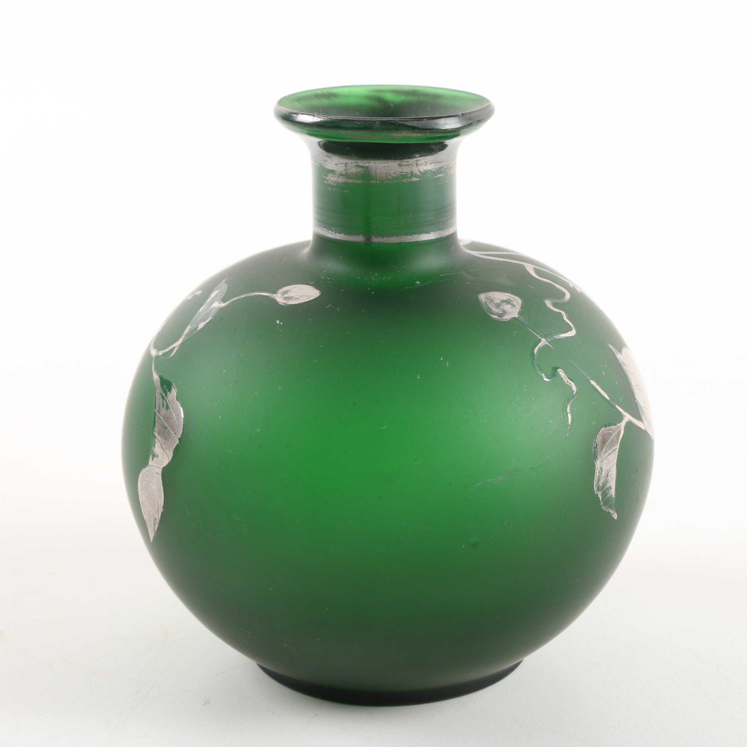 Vintage Silver Frosted Emerald Glass Dresser Bottle