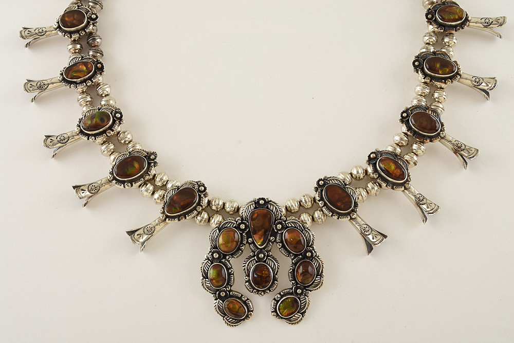 Fred Thompson Navajo Diné Sterling Silver Fire Agate Squash Blossom Necklace