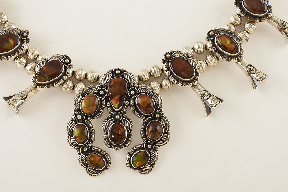 Fred Thompson Navajo Diné Sterling Silver Fire Agate Squash Blossom Necklace
