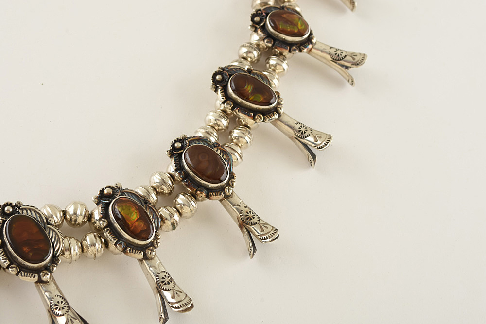 Fred Thompson Navajo Diné Sterling Silver Fire Agate Squash Blossom Necklace