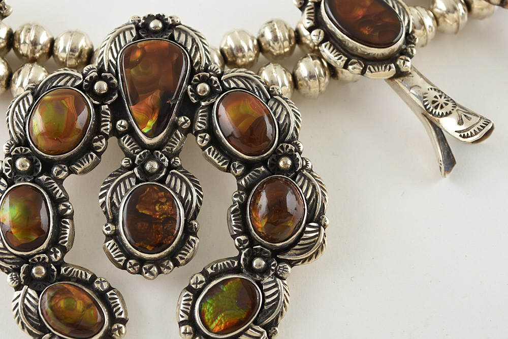 Fred Thompson Navajo Diné Sterling Silver Fire Agate Squash Blossom Necklace