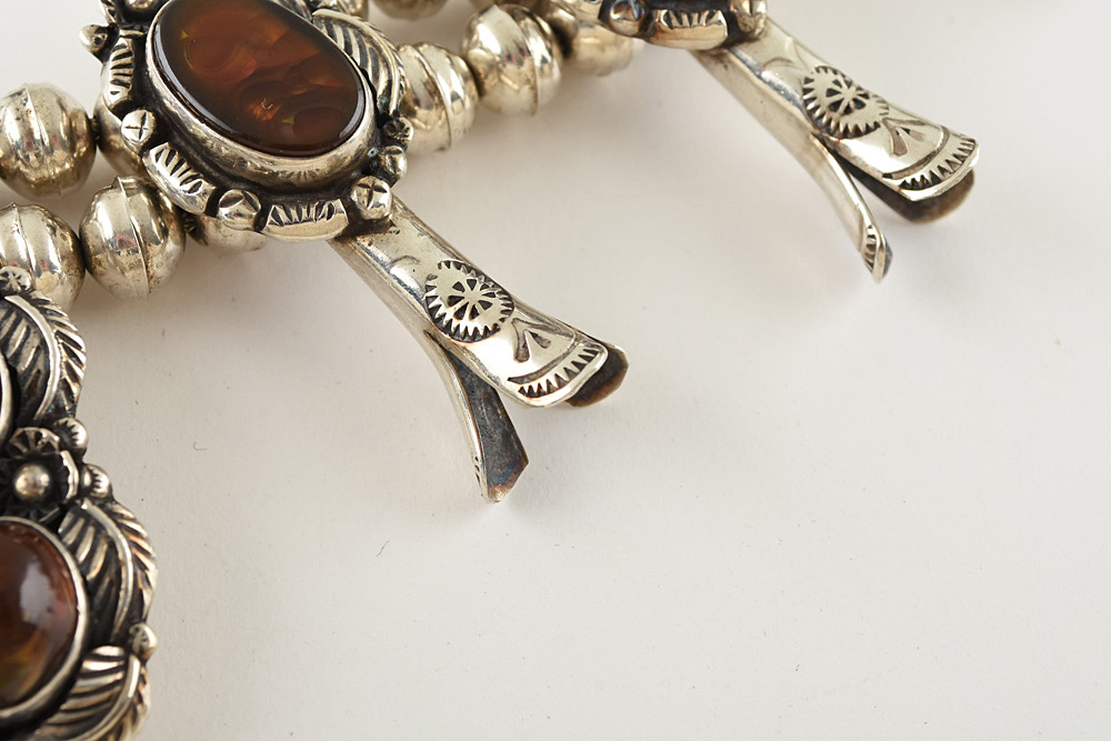 Fred Thompson Navajo Diné Sterling Silver Fire Agate Squash Blossom Necklace