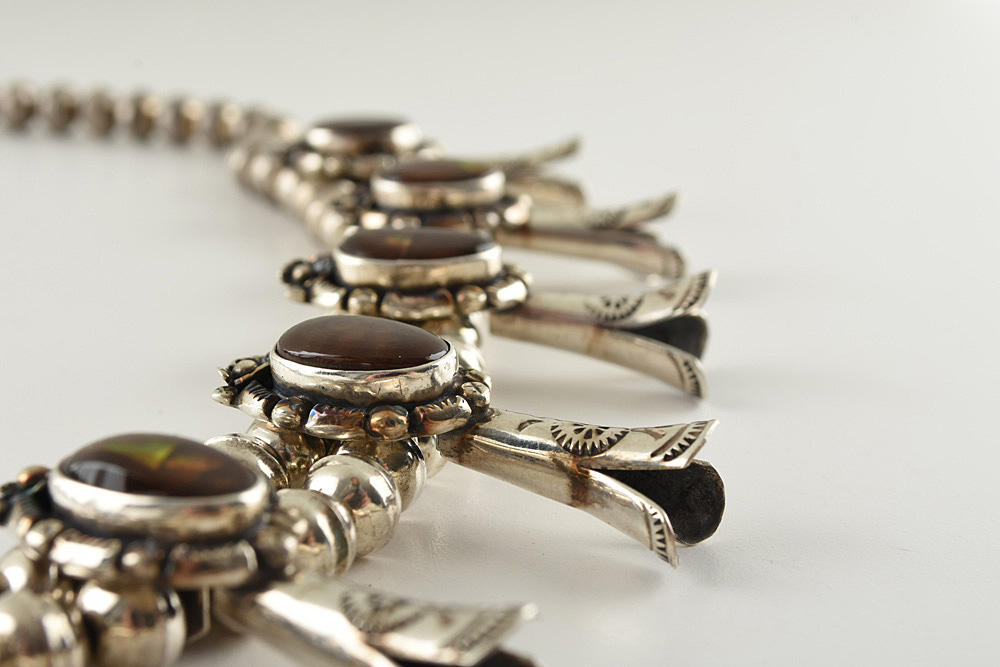 Fred Thompson Navajo Diné Sterling Silver Fire Agate Squash Blossom Necklace