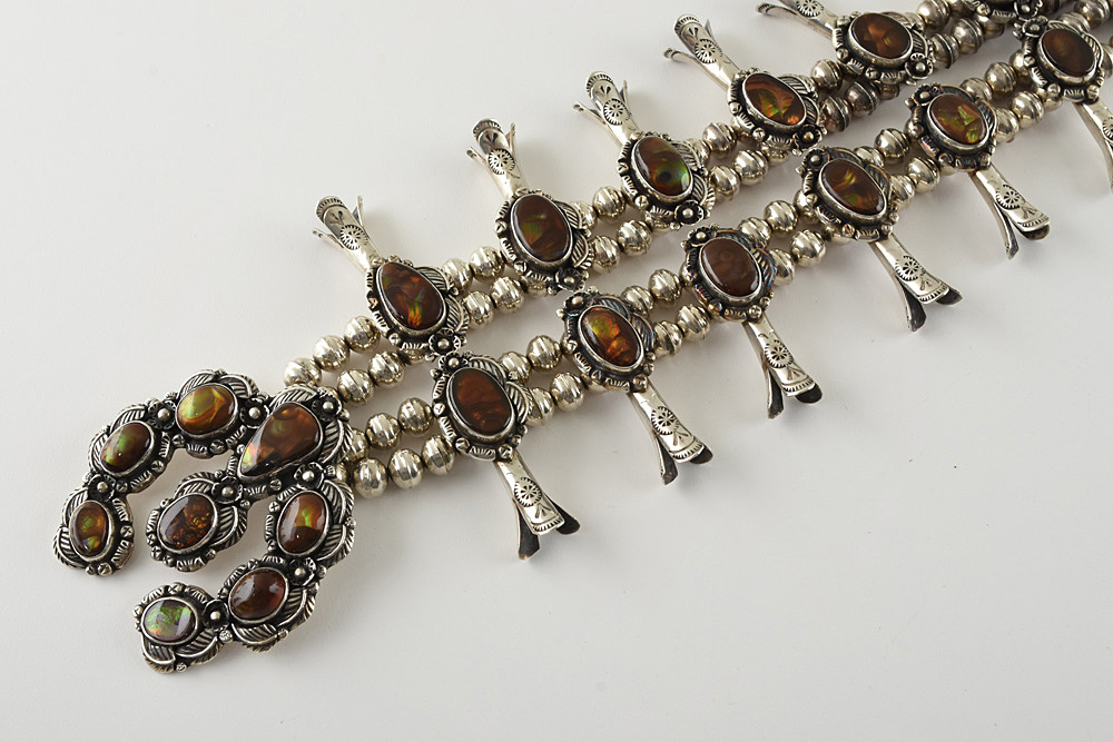 Fred Thompson Navajo Diné Sterling Silver Fire Agate Squash Blossom Necklace