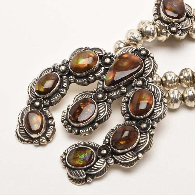 Fred Thompson Navajo Diné Sterling Silver Fire Agate Squash Blossom Necklace