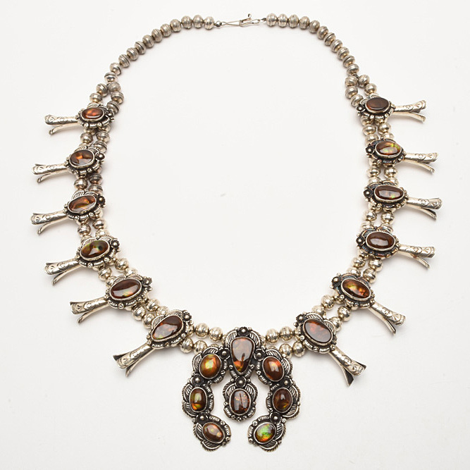Fred Thompson Navajo Diné Sterling Silver Fire Agate Squash Blossom Necklace