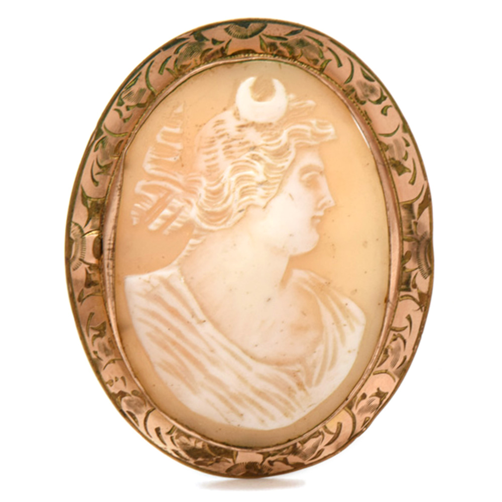 Early 20th Century Gold-Filled Goddess Diana Carved Helmet Shell Cameo