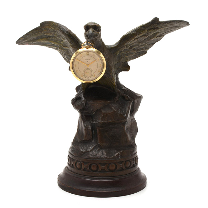 1933 10K Gold-Filled Open Face Pocket Watch with Bronze-Tone Eagle Statuette