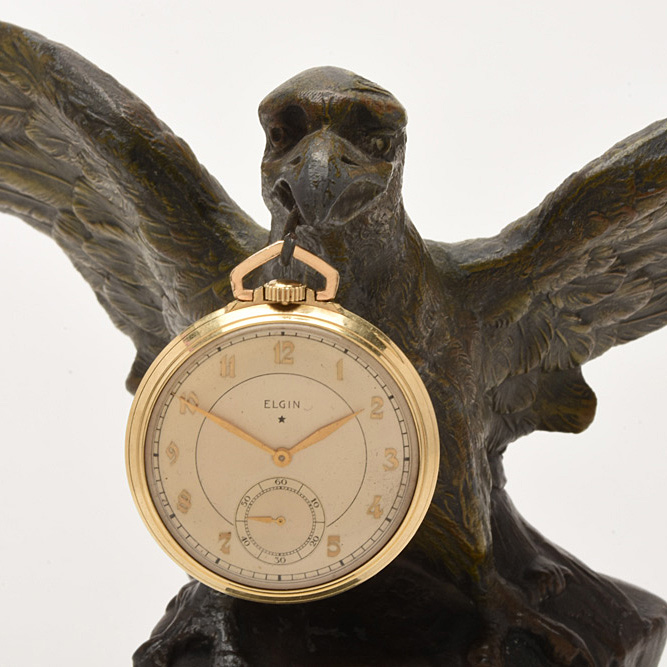 1933 10K Gold-Filled Open Face Pocket Watch with Bronze-Tone Eagle Statuette