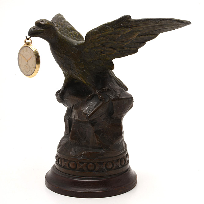 1933 10K Gold-Filled Open Face Pocket Watch with Bronze-Tone Eagle Statuette