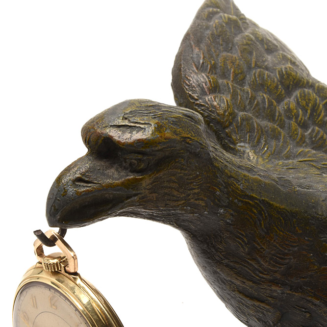 1933 10K Gold-Filled Open Face Pocket Watch with Bronze-Tone Eagle Statuette