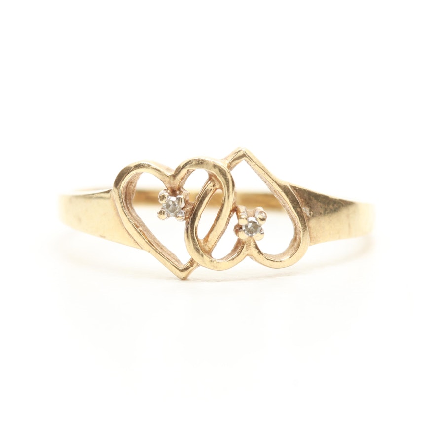 10K Yellow Gold Diamond Double Heart Ring