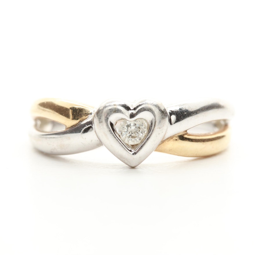 10K White and Yellow Gold Diamond Heart Ring