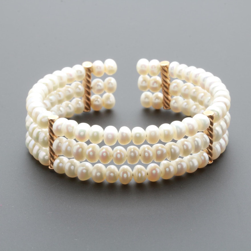 14K Yellow Gold Cultured Pearl Cuff Bracelet