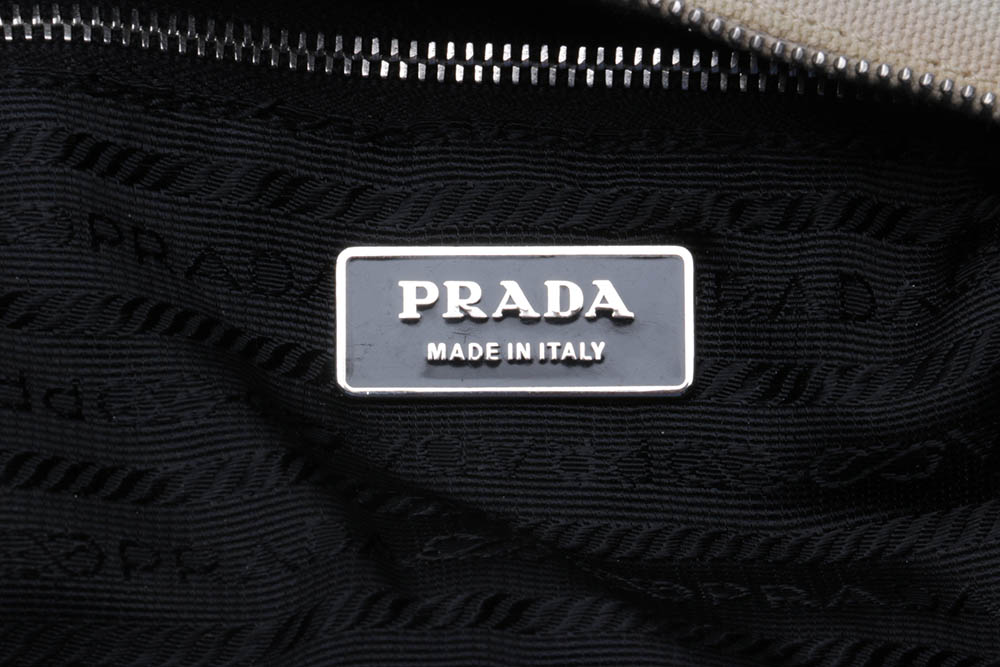 Prada Beige Canvas and Black Leather Handbag