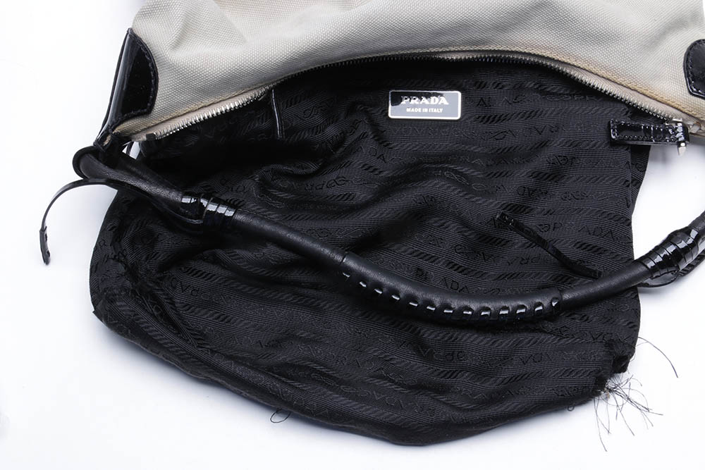 Prada Beige Canvas and Black Leather Handbag