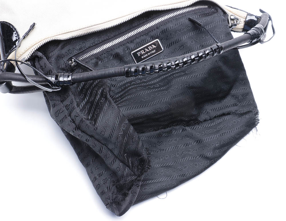 Prada Beige Canvas and Black Leather Handbag