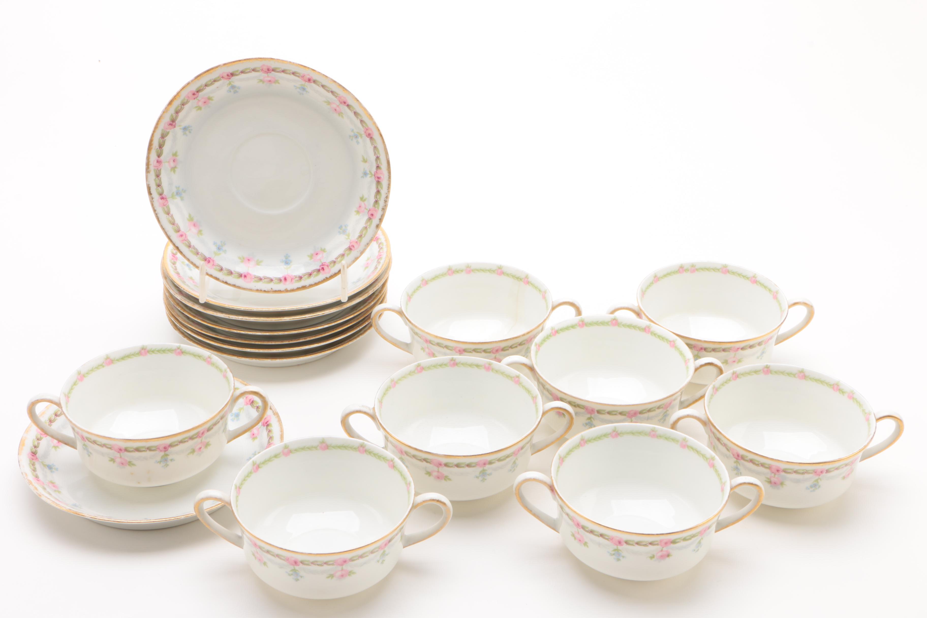 Porcelain Tableware Including M. Redon Limoges Bouillon Cups and Saucers
