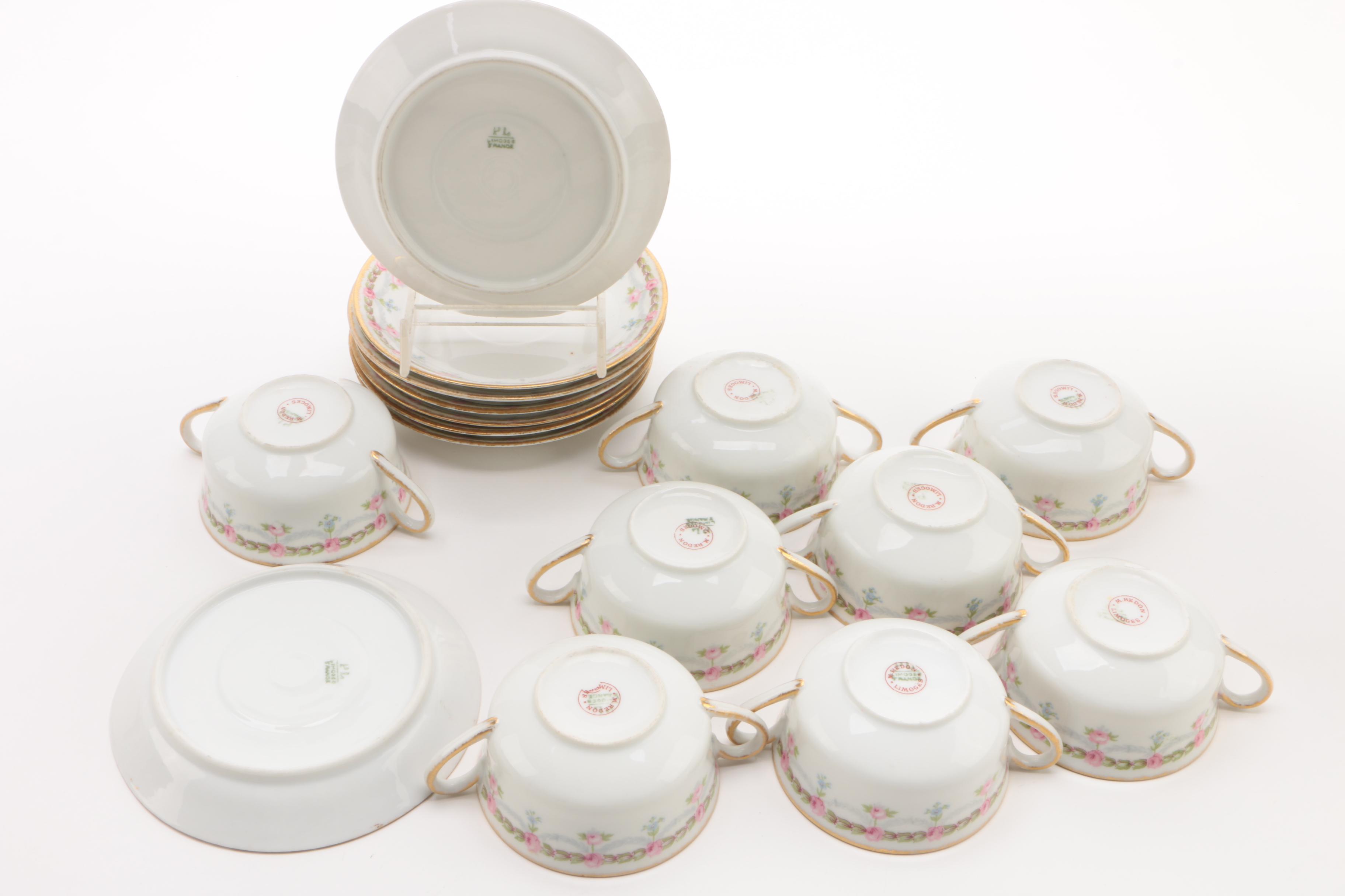 Porcelain Tableware Including M. Redon Limoges Bouillon Cups and Saucers