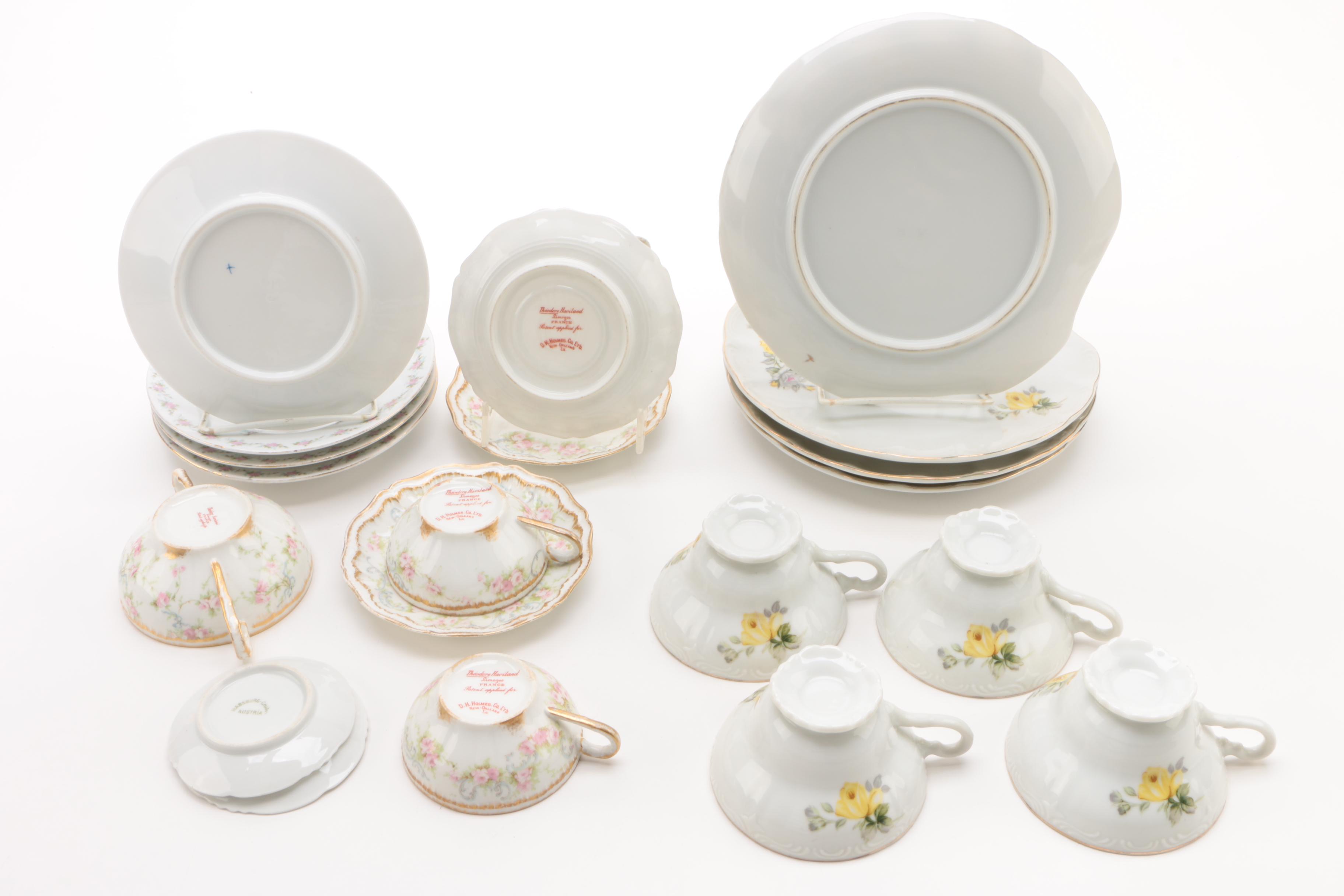 Porcelain Tableware Including M. Redon Limoges Bouillon Cups and Saucers