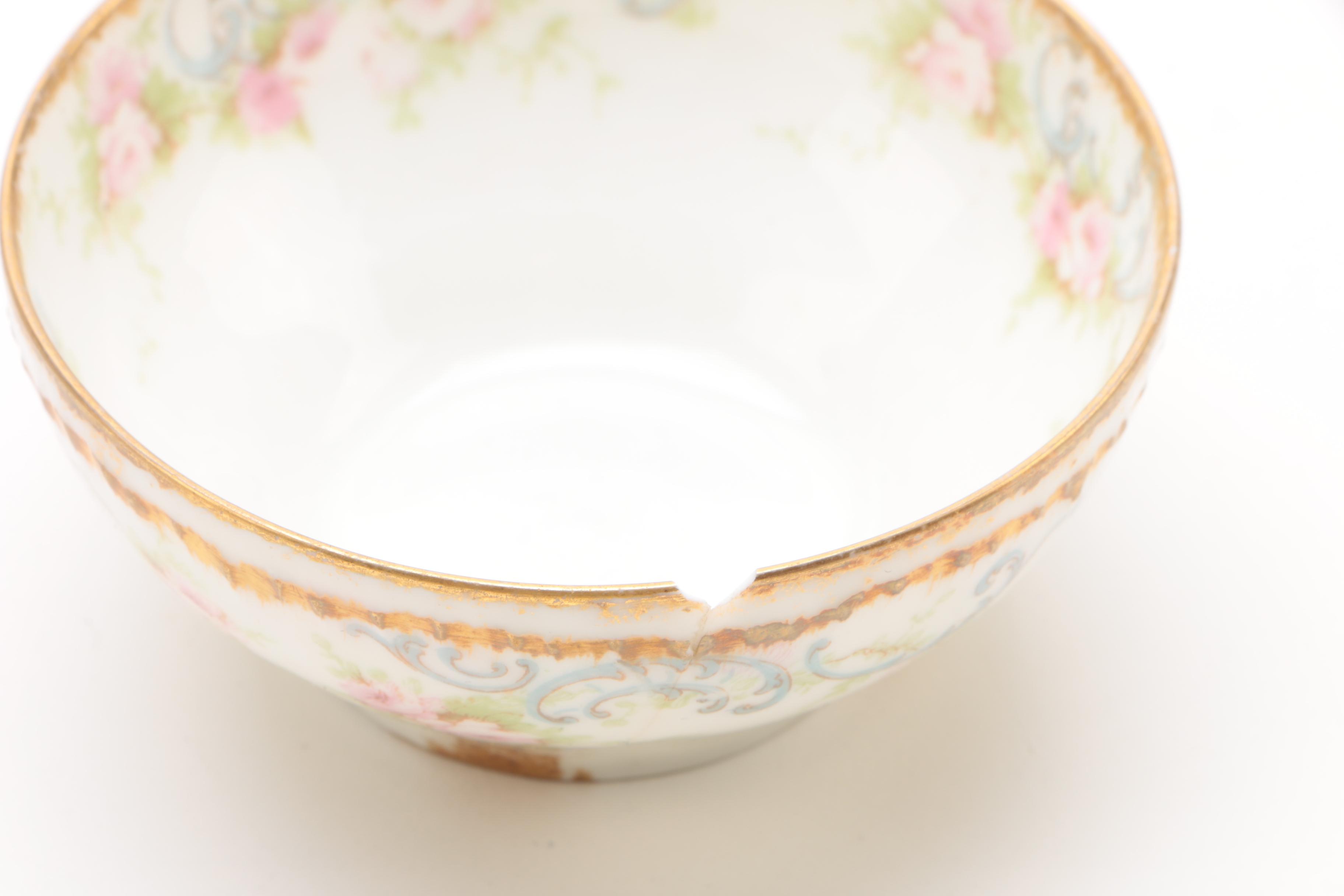 Porcelain Tableware Including M. Redon Limoges Bouillon Cups and Saucers