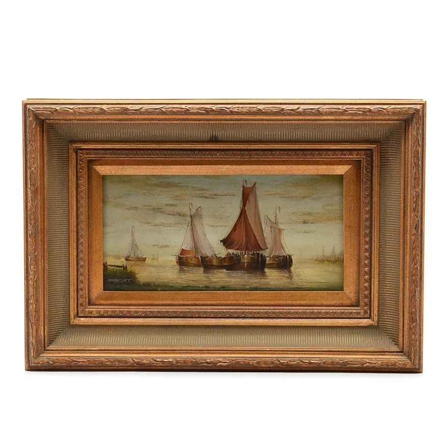 Jean Michel Laurent Oil Painting on Canvas of Sailing Ships
