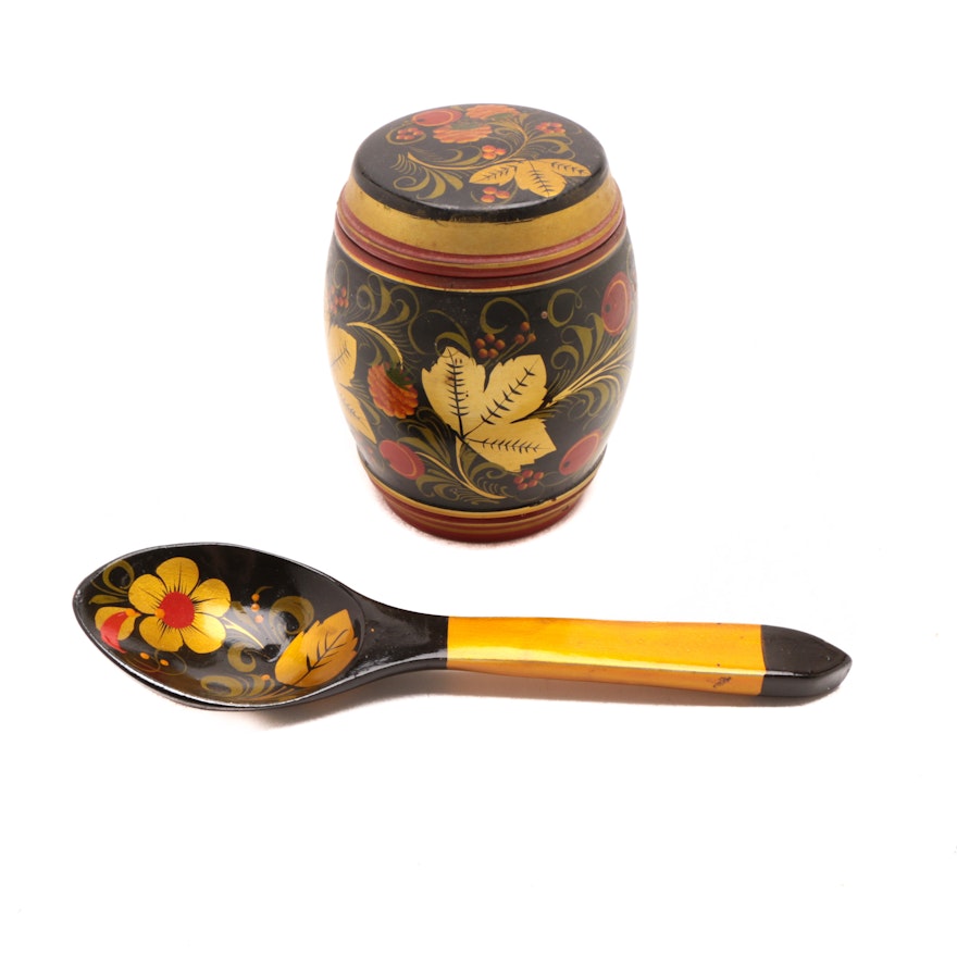 Russian Khokhloma Decorative Trinket Box and Spoon