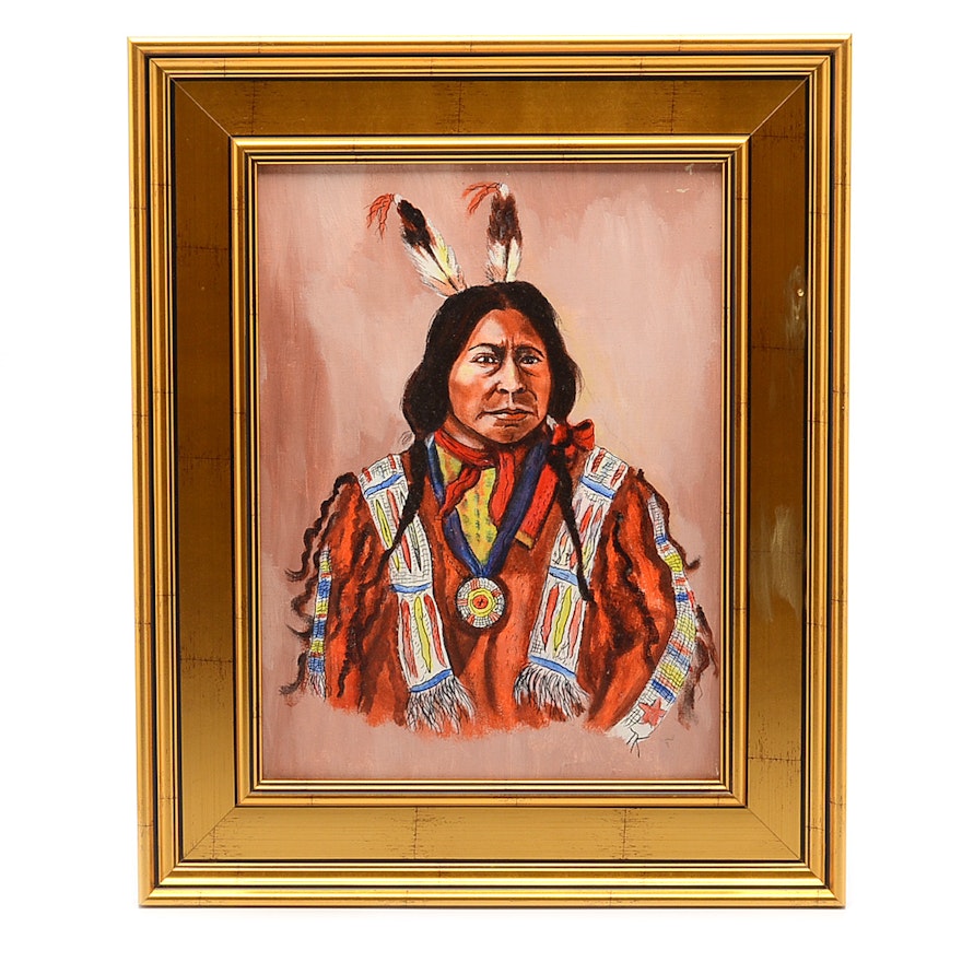Signed Oil Painting on Canvas Board of Native American Brave