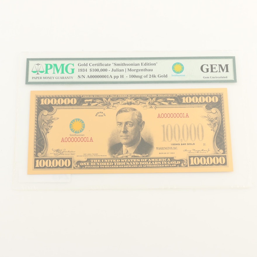PMG Graded Gem Uncirculated $100,000 Gold Certificate 1934 Smithsonian Edition