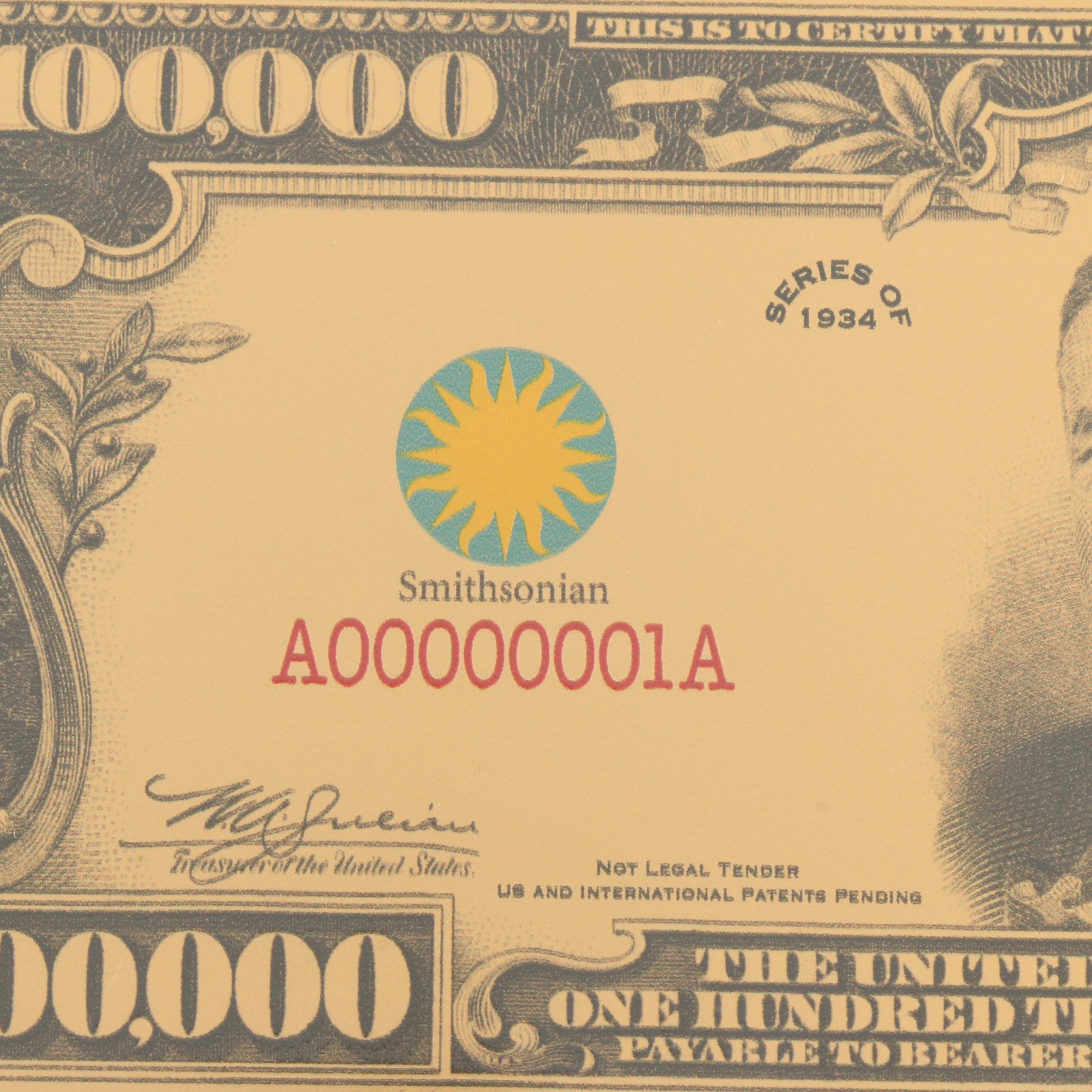 PMG Graded Gem Uncirculated $100,000 Gold Certificate 1934 Smithsonian Edition