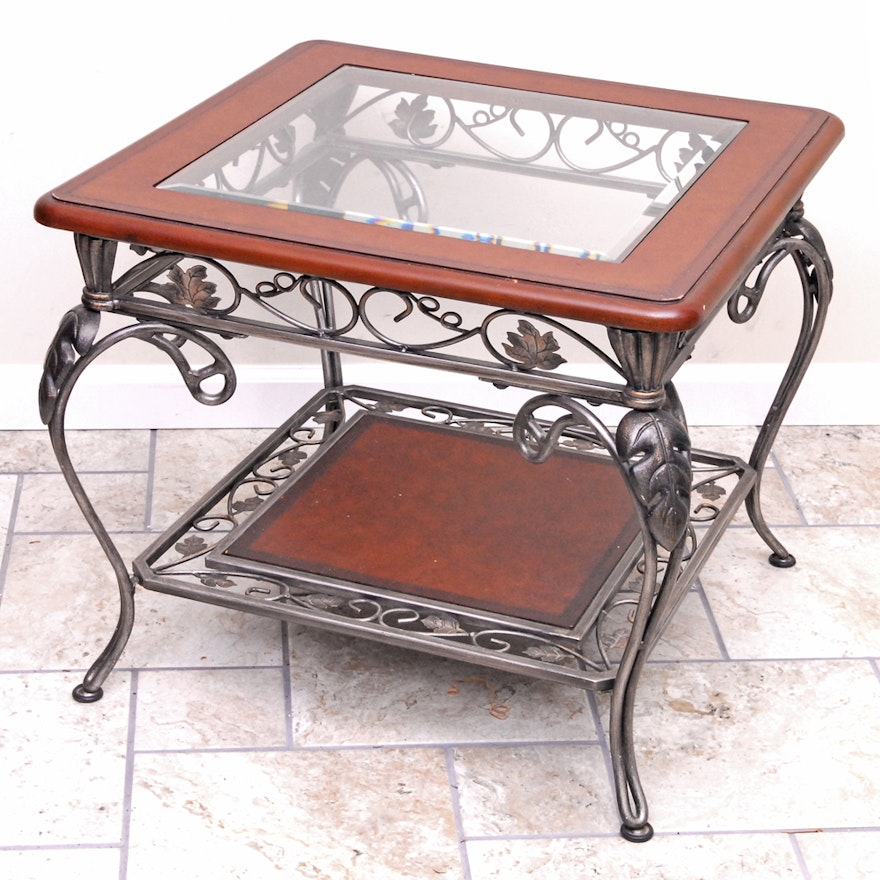 Contemporary Glass Top Side Table with Metal Frame and Faux Leather Panel