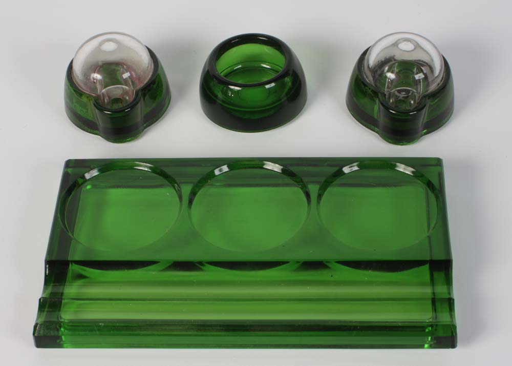 Vintage Eclipse Green Glass Jacobus Double Barometric Inkwell Set & Tray