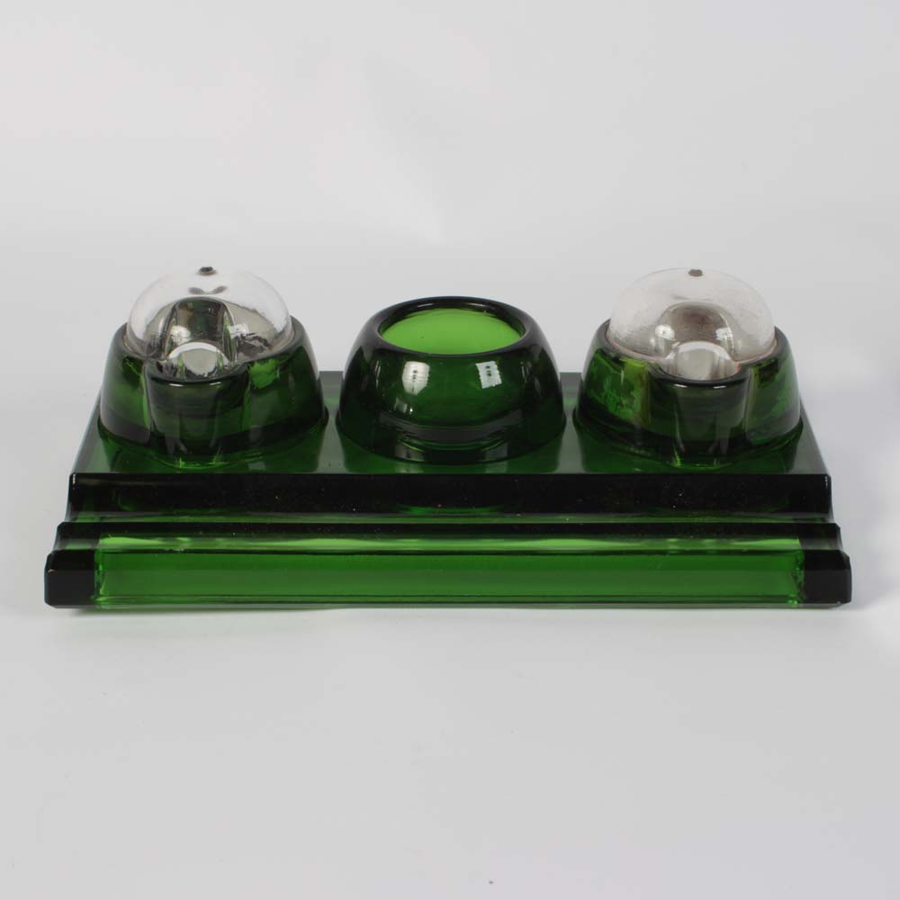 Vintage Eclipse Green Glass Jacobus Double Barometric Inkwell Set & Tray