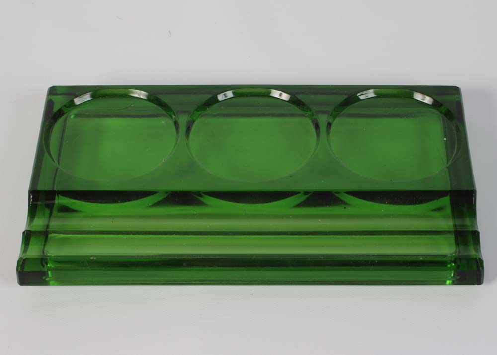 Vintage Eclipse Green Glass Jacobus Double Barometric Inkwell Set & Tray