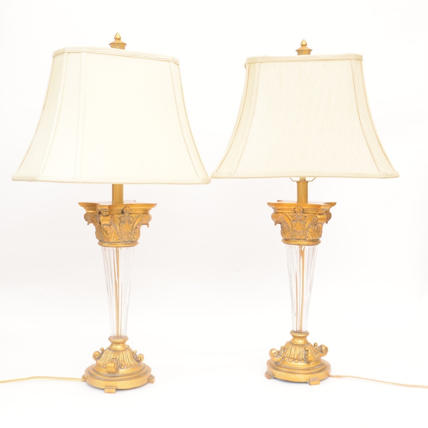 Empire-Style Glass and Plaster Buffet Lamps with Linen Shades