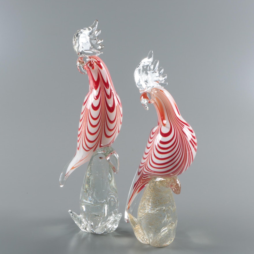 Murano Style Red and White Combed Art Glass Parrots