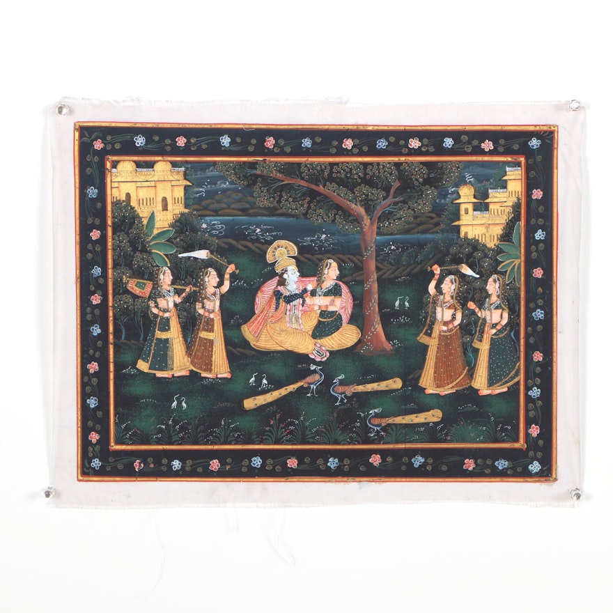 Indian Gouache Painting of Krishna and Radha