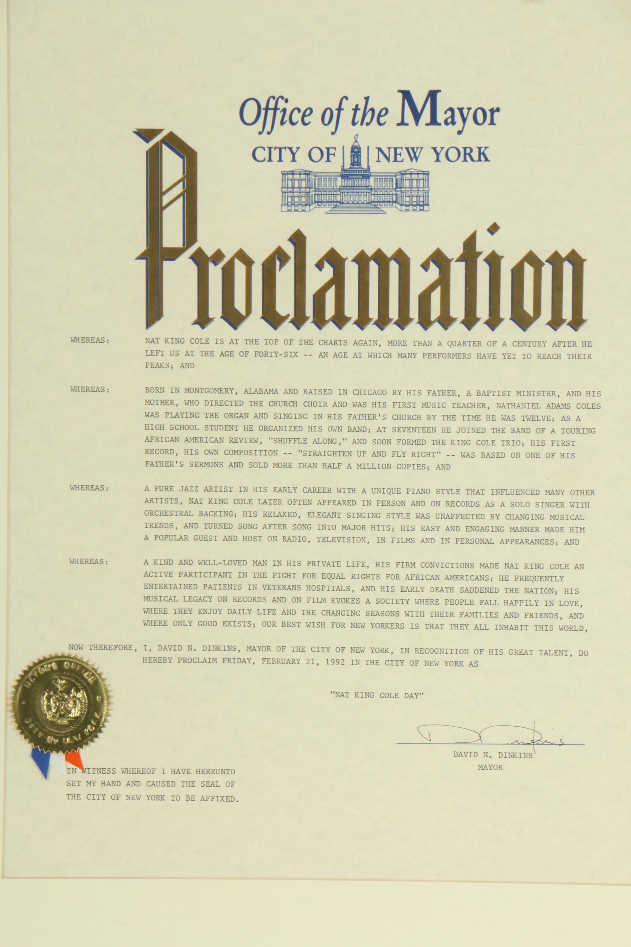 City of New York Proclamation of "Nat King Cole Day"