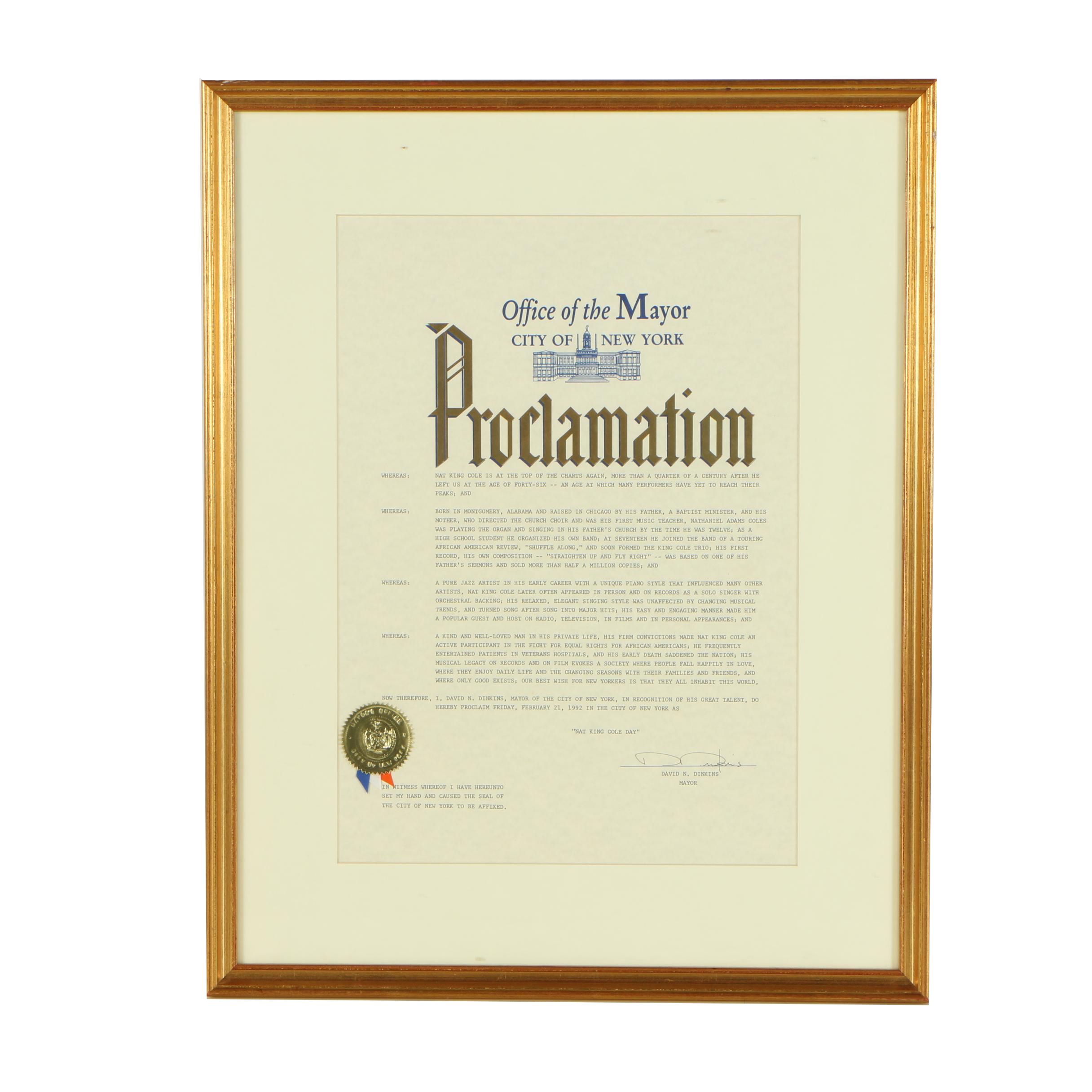 City of New York Proclamation of "Nat King Cole Day"