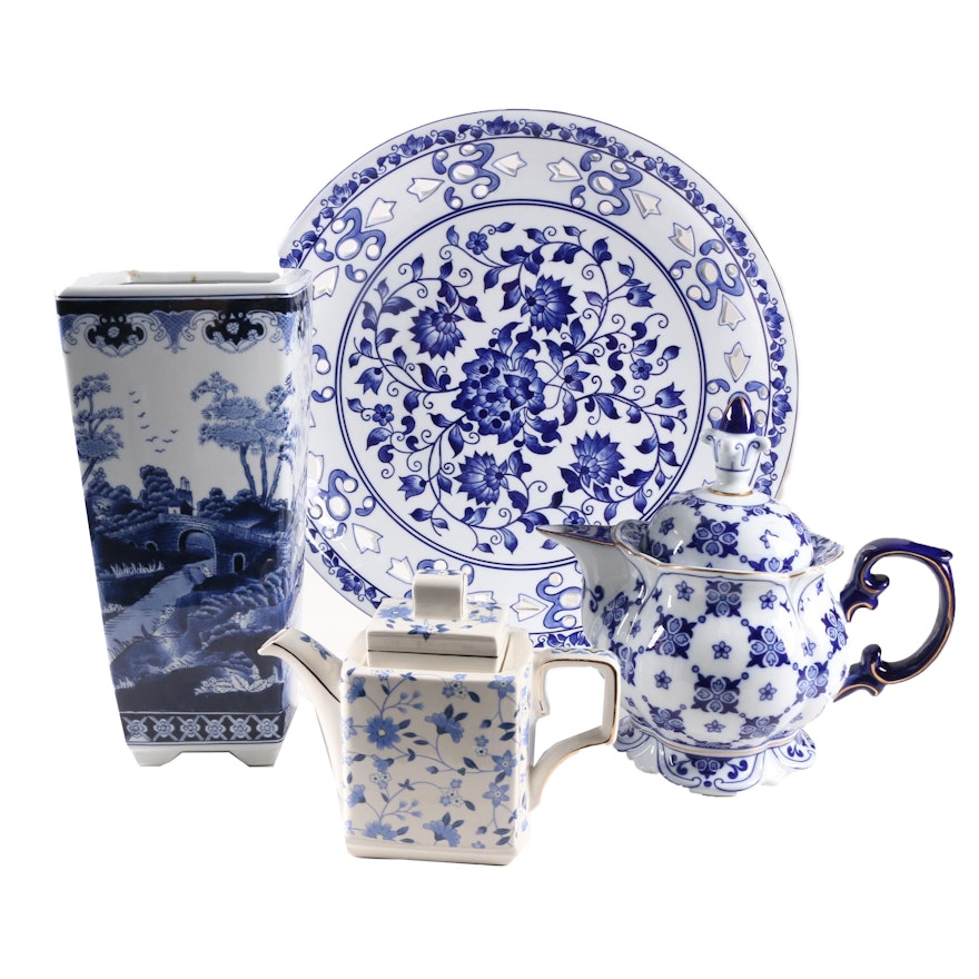 Blue and White Ceramic Serveware and Planter Featuring Windsor and Bombay