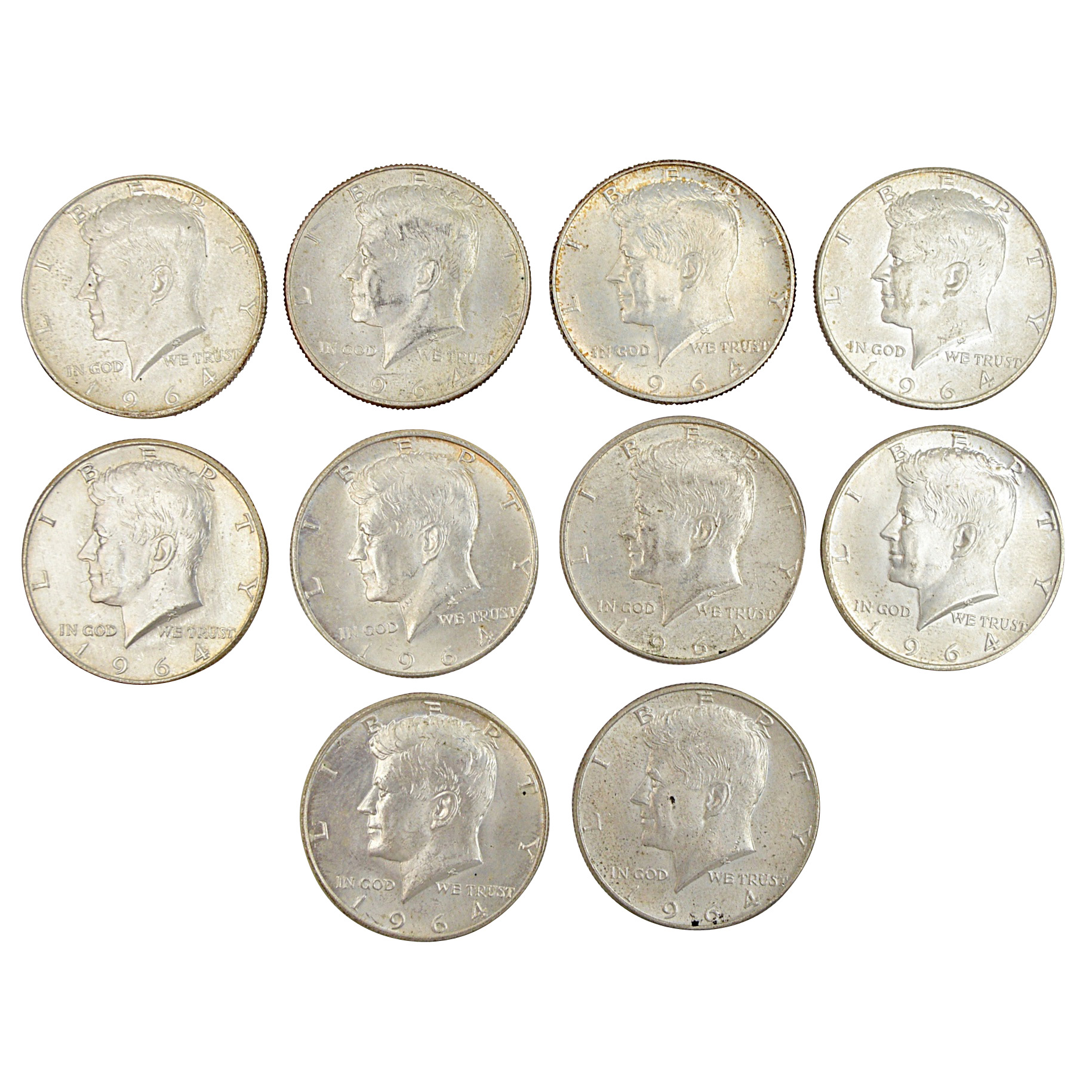 Ten 1964 Kennedy Silver Half Dollars